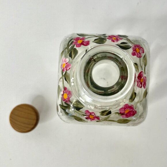 Floral Clear Glass Apothecary Bottle Hand painted Pink Flowers & Green Leaves - Picture 8 of 12